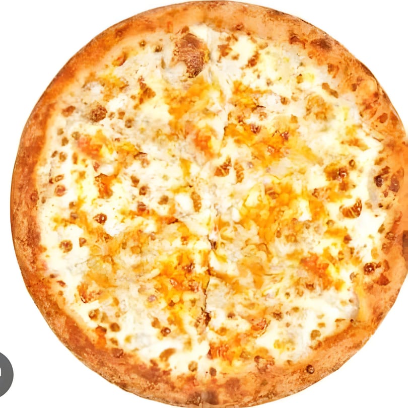 A whole Jonuzi Southside Pizza with a golden-brown crust and melted white and orange cheese.