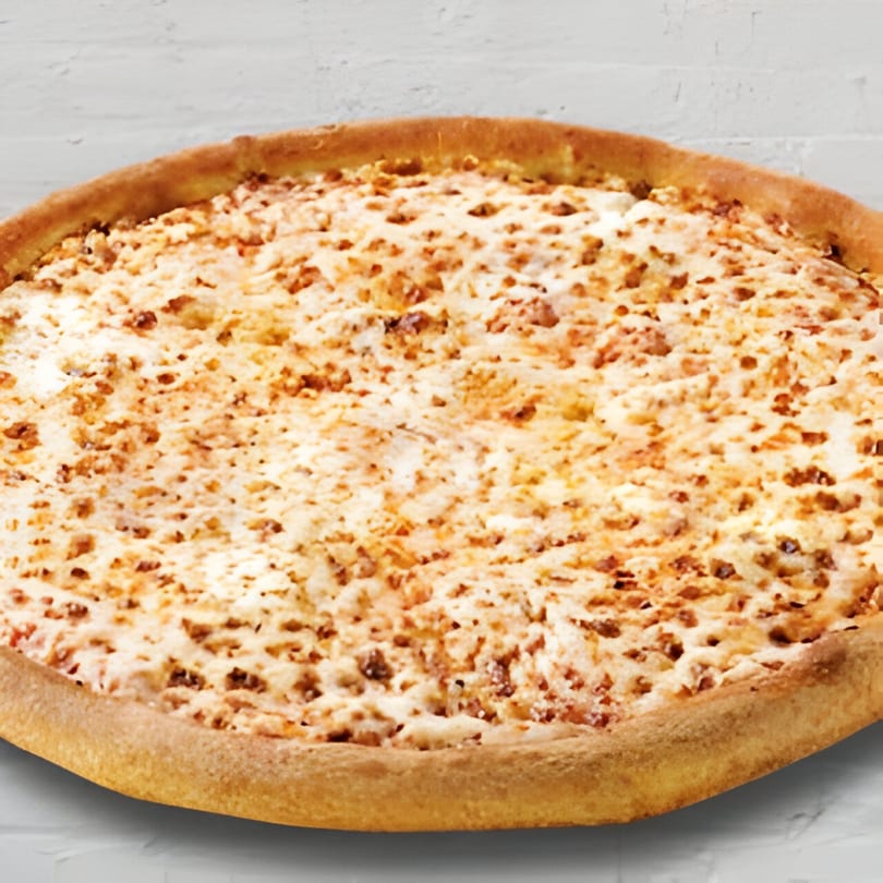 A whole Jonuzi Southside Pizza with a golden crust and melted cheese, against a white background.