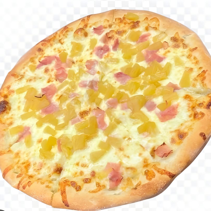 Jonuzi Southside Pizza's Hawaiian pizza, topped with melted cheese, pineapple chunks, and ham.