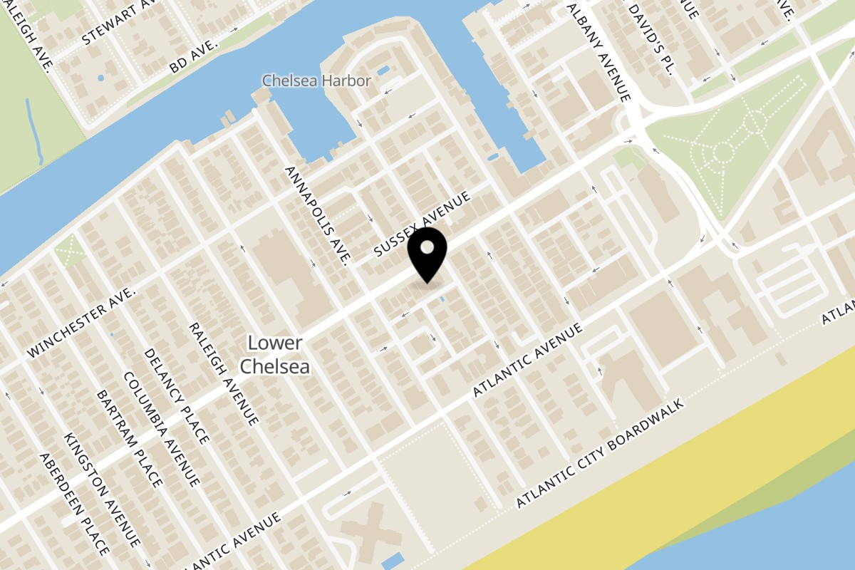 Map showing the location of Jonuzi Southside Pizza on 4008 Ventnor Ave in Atlantic City